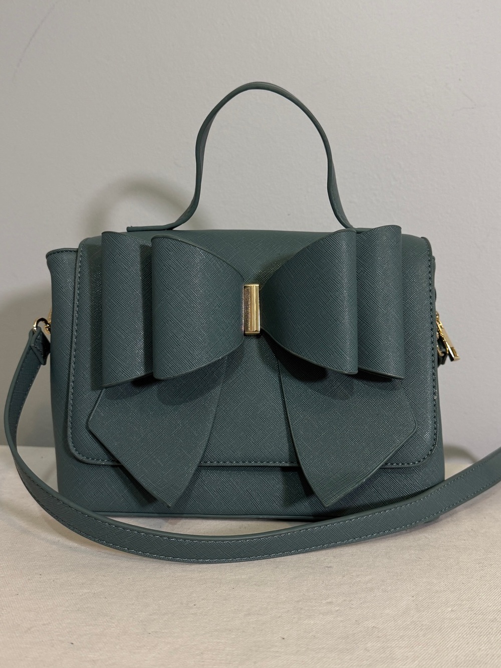 Like Dreams Double Bow Crossbody Bag Sage Green Vegan Leather Satchel